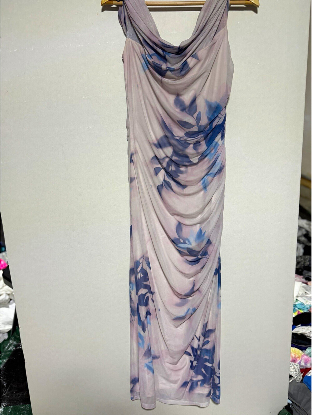 Abercrombie & Fitch Pink Blue Floral Ruched Mesh Cowl Neck Maxi Dress L